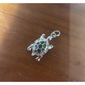 Sterling Silver 925 Green Sea Turtle Jeweled Marine Charm Pendant